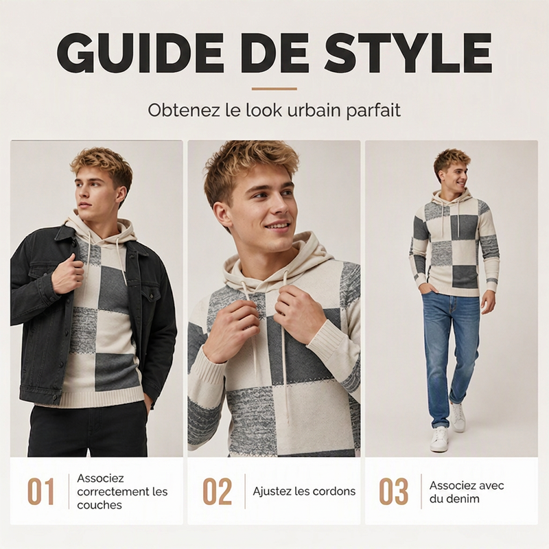 Pull en maille à capuche pour homme, style décontracté, avec patchwork à carreaux