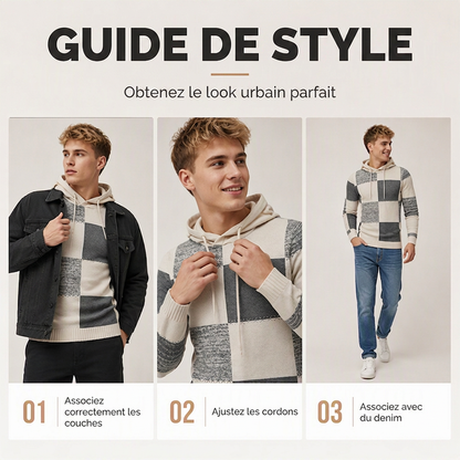 Pull en maille à capuche pour homme, style décontracté, avec patchwork à carreaux