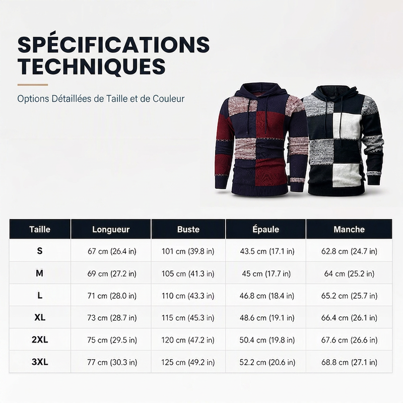 Pull en maille à capuche pour homme, style décontracté, avec patchwork à carreaux