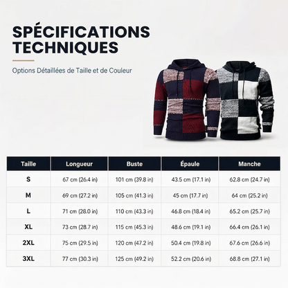 Pull en maille à capuche pour homme, style décontracté, avec patchwork à carreaux