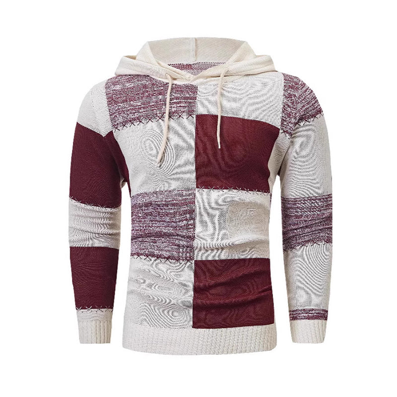 Pull en maille à capuche pour homme, style décontracté, avec patchwork à carreaux