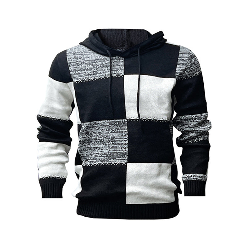 Pull en maille à capuche pour homme, style décontracté, avec patchwork à carreaux