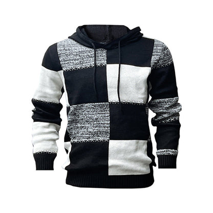Pull en maille à capuche pour homme, style décontracté, avec patchwork à carreaux