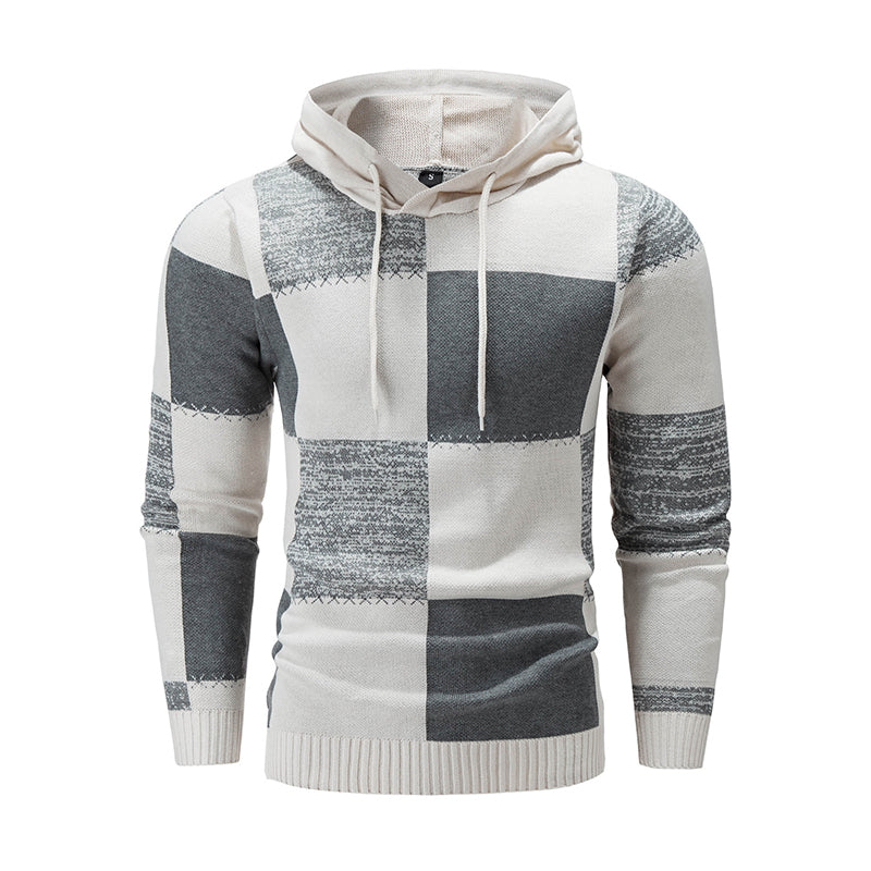 Pull en maille à capuche pour homme, style décontracté, avec patchwork à carreaux