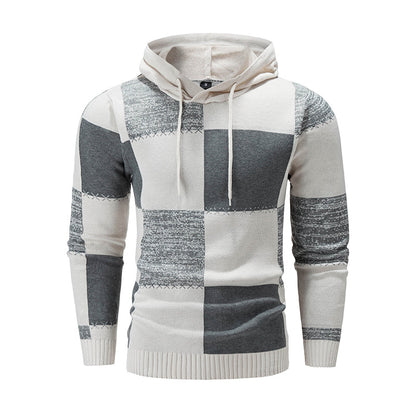 Pull en maille à capuche pour homme, style décontracté, avec patchwork à carreaux