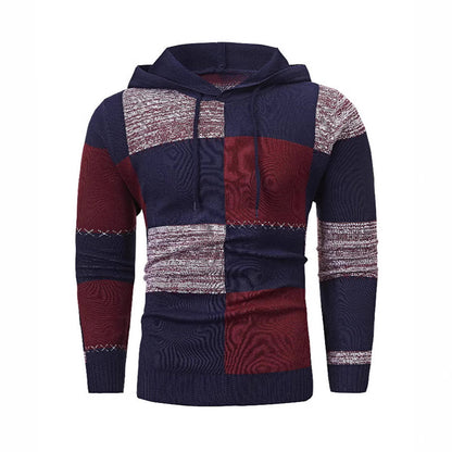Pull en maille à capuche pour homme, style décontracté, avec patchwork à carreaux