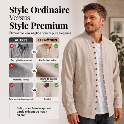 Chemise décontractée à col montant pour homme, manches longues