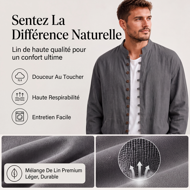 Chemise décontractée à col montant pour homme, manches longues