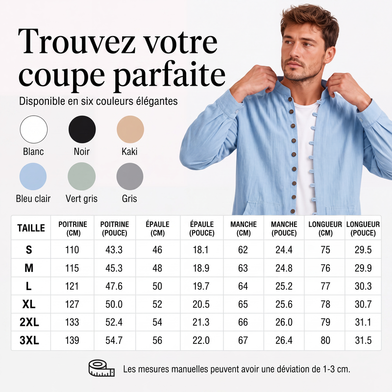 Chemise décontractée à col montant pour homme, manches longues