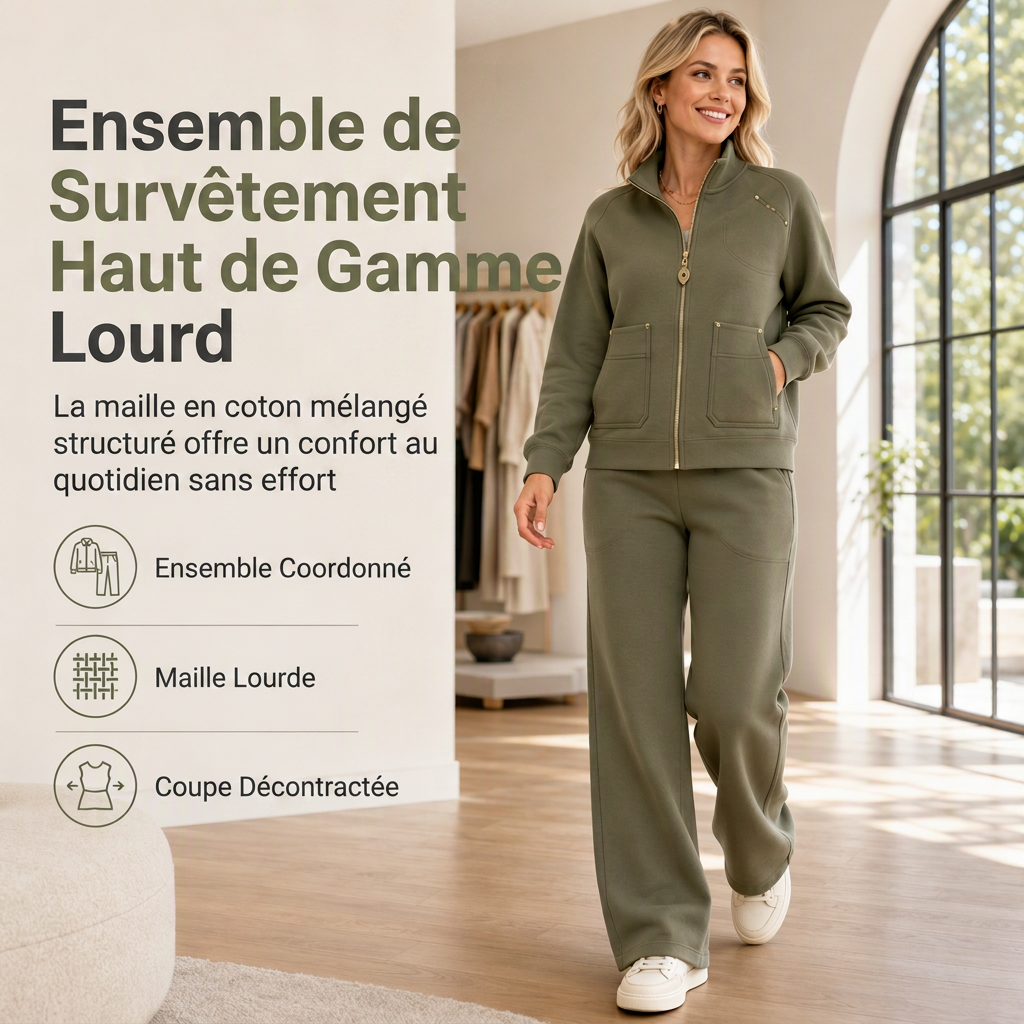 Ensemble de survêtement deux pièces pour femme en mélange de coton épais, avec veste zippée et pantalon large