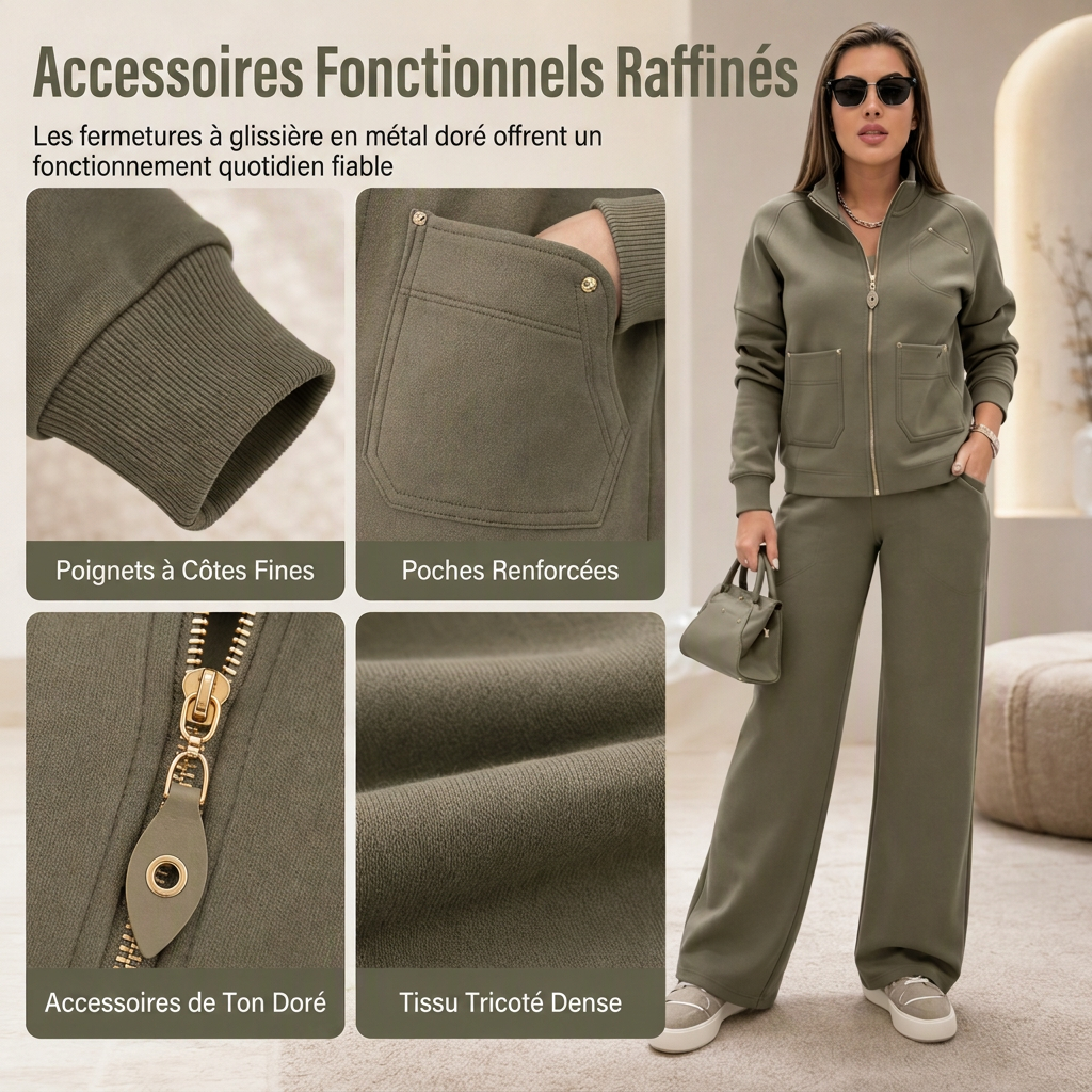 Ensemble de survêtement deux pièces pour femme en mélange de coton épais, avec veste zippée et pantalon large