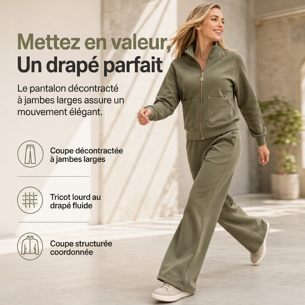 Ensemble de survêtement deux pièces pour femme en mélange de coton épais, avec veste zippée et pantalon large