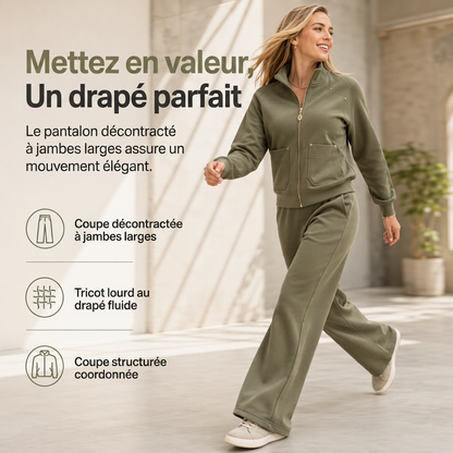 Ensemble de survêtement deux pièces pour femme en mélange de coton épais, avec veste zippée et pantalon large