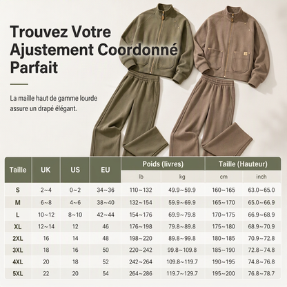 Ensemble de survêtement deux pièces pour femme en mélange de coton épais, avec veste zippée et pantalon large