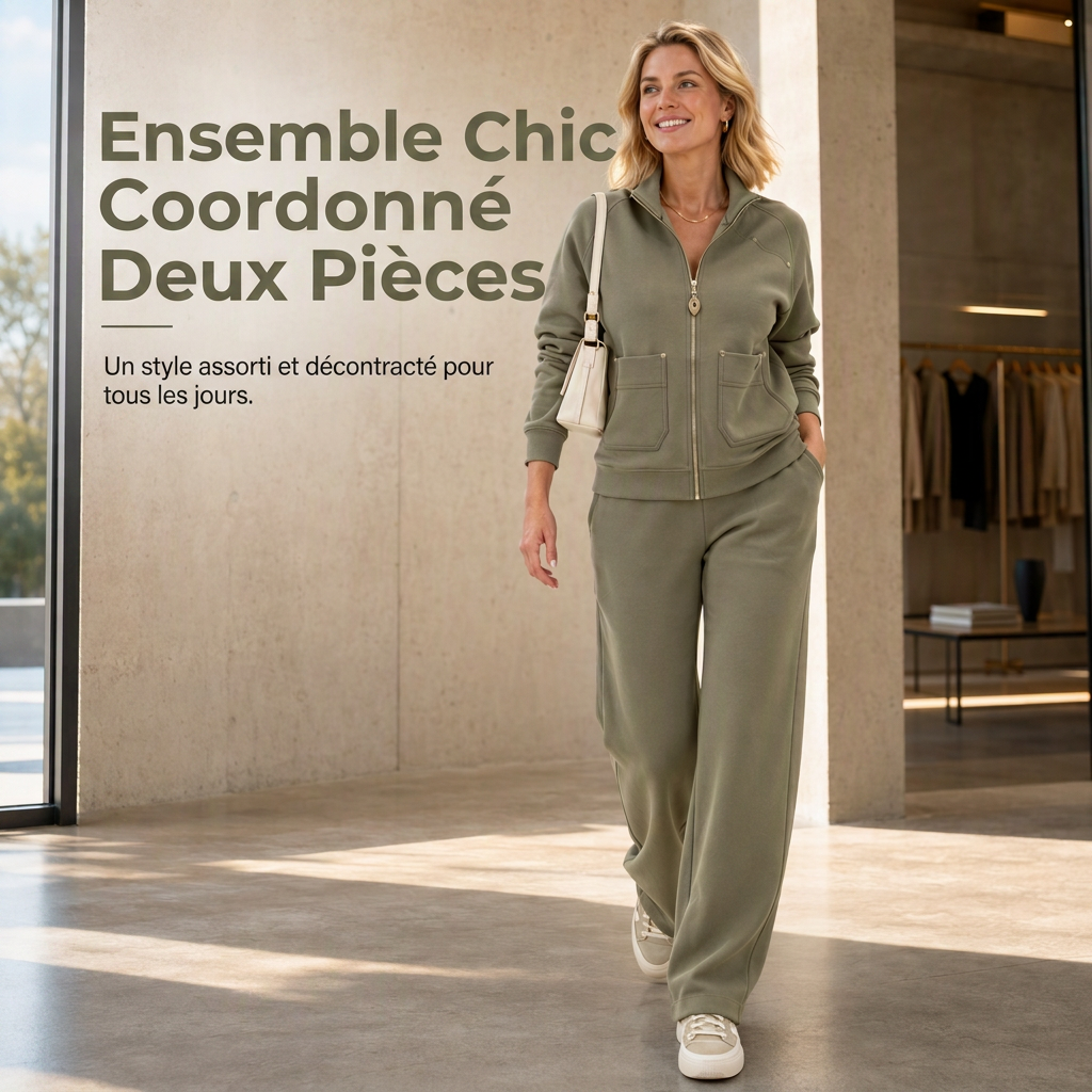 Ensemble de survêtement deux pièces pour femme en mélange de coton épais, avec veste zippée et pantalon large