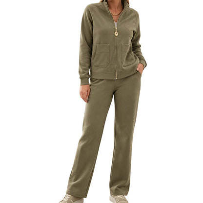 Ensemble de survêtement deux pièces pour femme en mélange de coton épais, avec veste zippée et pantalon large