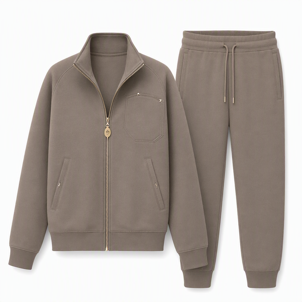 Ensemble de survêtement deux pièces pour femme en mélange de coton épais, avec veste zippée et pantalon large