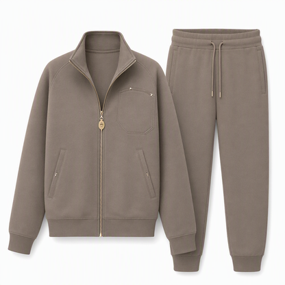 Ensemble de survêtement deux pièces pour femme en mélange de coton épais, avec veste zippée et pantalon large