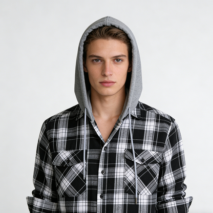 Veste-chemise à capuche en flanelle à carreaux pour homme