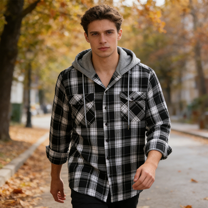 Veste-chemise à capuche en flanelle à carreaux pour homme