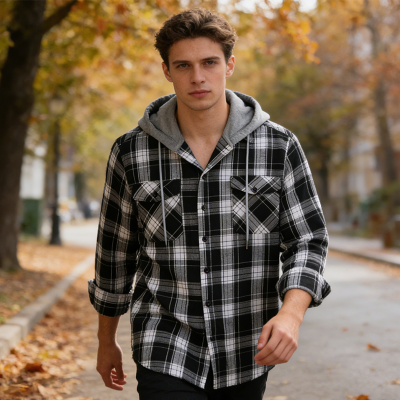 Veste-chemise à capuche en flanelle à carreaux pour homme