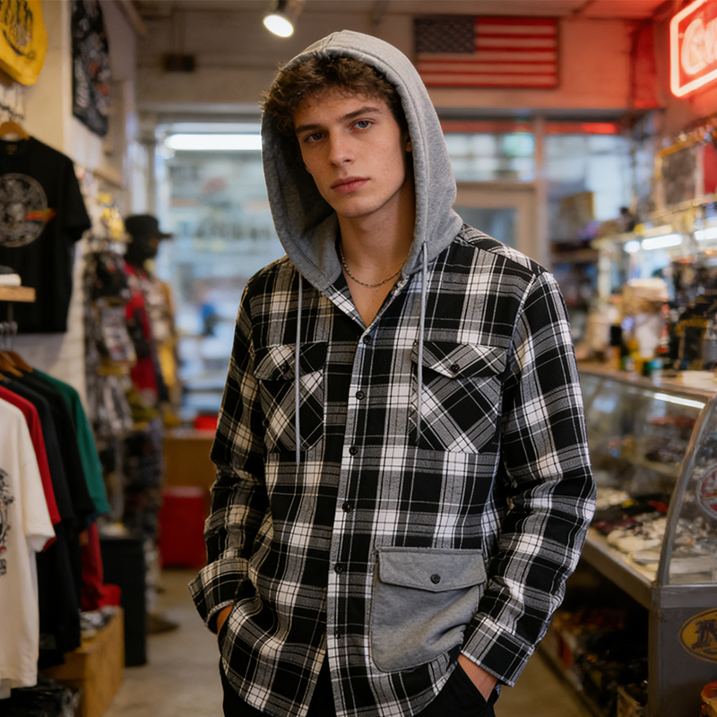 Veste-chemise à capuche en flanelle à carreaux pour homme