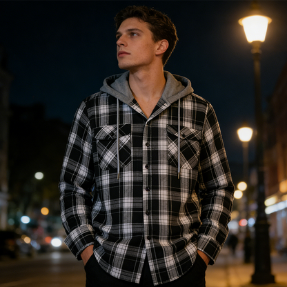 Veste-chemise à capuche en flanelle à carreaux pour homme