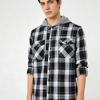 Veste-chemise à capuche en flanelle à carreaux pour homme