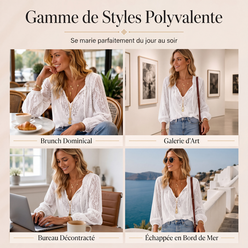 Haut en dentelle à manches longues et col V pour femme