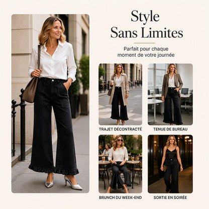 Jean droit chic à ourlet volanté pour femme