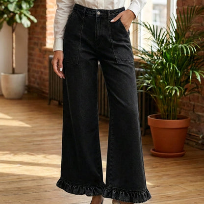 Jean droit chic à ourlet volanté pour femme