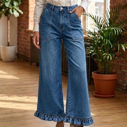 Jean droit chic à ourlet volanté pour femme