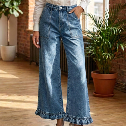 Jean droit chic à ourlet volanté pour femme