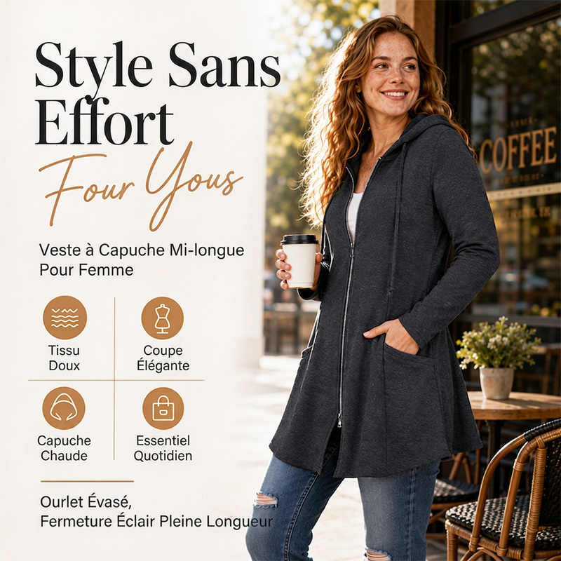 Veste à capuche mi-longue zippée pour femme