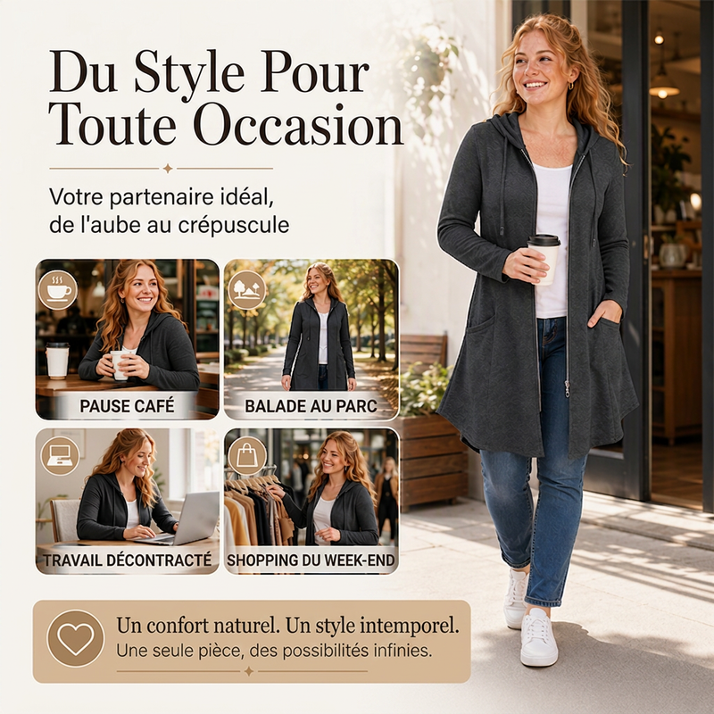 Veste à capuche mi-longue zippée pour femme