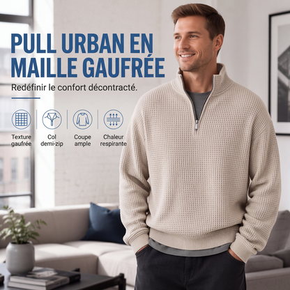 Sweat décontracté pour homme à texture gaufrée, demi-zip