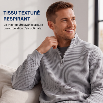 Sweat décontracté pour homme à texture gaufrée, demi-zip