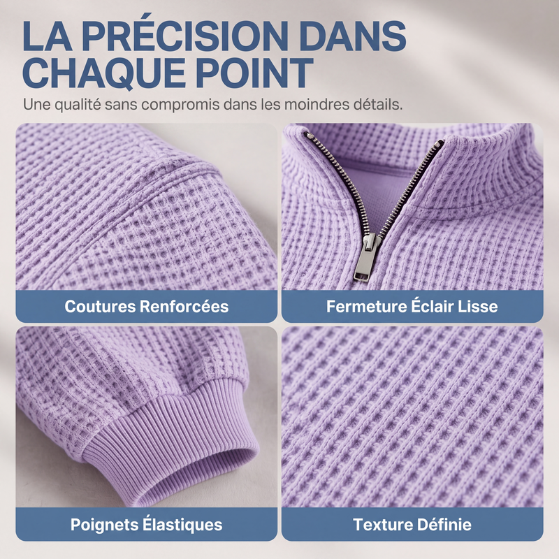 Sweat décontracté pour homme à texture gaufrée, demi-zip