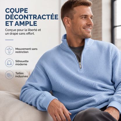 Sweat décontracté pour homme à texture gaufrée, demi-zip