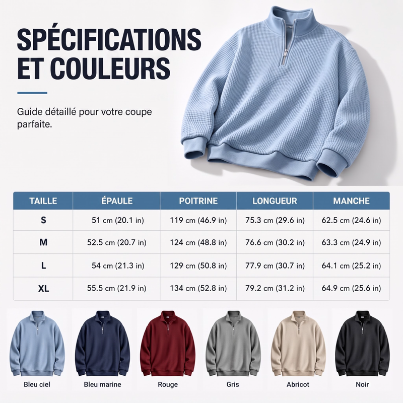 Sweat décontracté pour homme à texture gaufrée, demi-zip