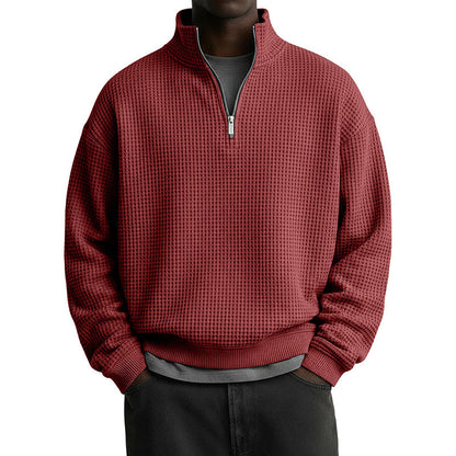 Sweat décontracté pour homme à texture gaufrée, demi-zip