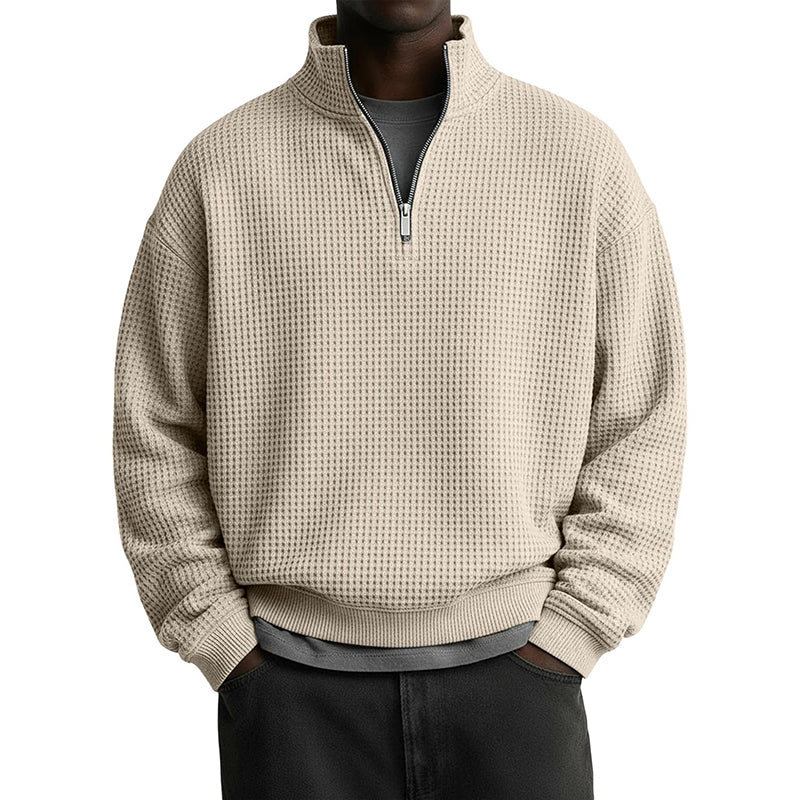 Sweat décontracté pour homme à texture gaufrée, demi-zip