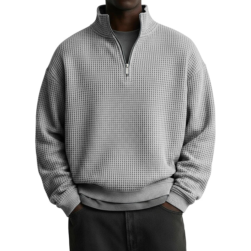 Sweat décontracté pour homme à texture gaufrée, demi-zip