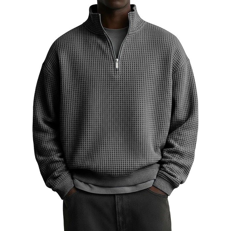 Sweat décontracté pour homme à texture gaufrée, demi-zip