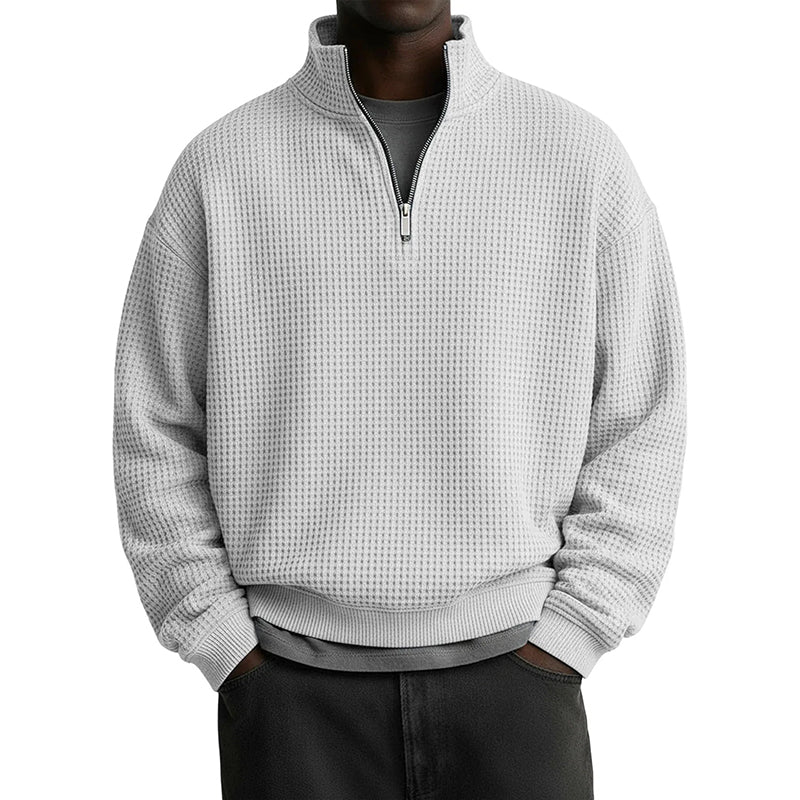 Sweat décontracté pour homme à texture gaufrée, demi-zip