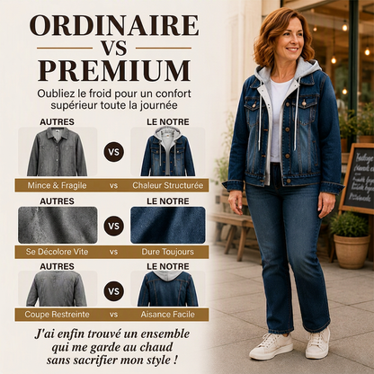 Veste en jean à capuche superposée pour femme, avec doublure chaude