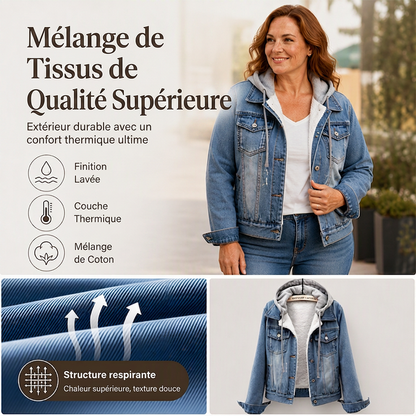 Veste en jean à capuche superposée pour femme, avec doublure chaude