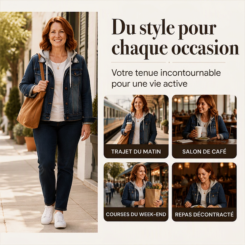 Veste en jean à capuche superposée pour femme, avec doublure chaude