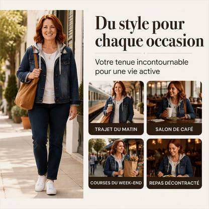 Veste en jean à capuche superposée pour femme, avec doublure chaude