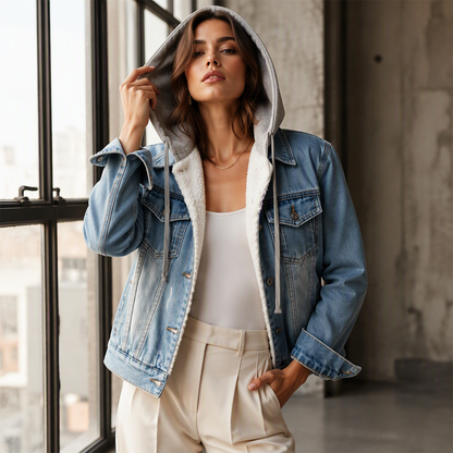 Veste en jean à capuche superposée pour femme, avec doublure chaude